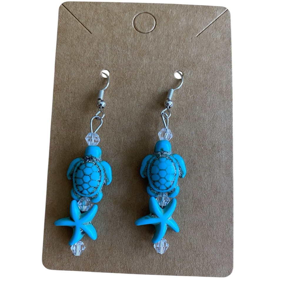 Blue Sea Turtle and Starfish Beaded Dangle Earrings
